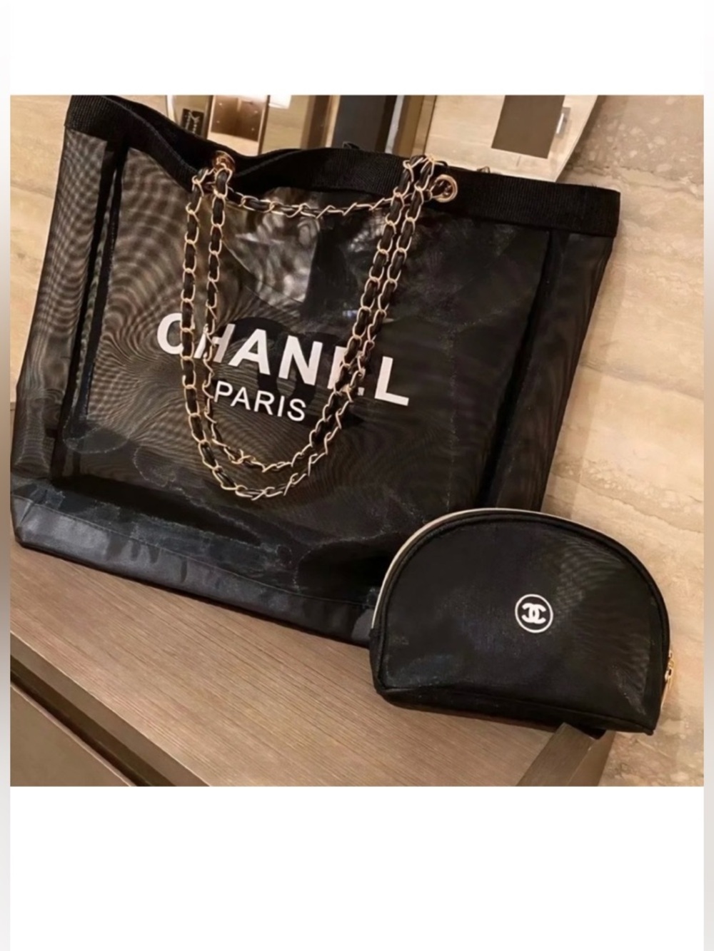 GWP Chanel Beauty Gift With Purchase Black Mesh Tote With Pouch